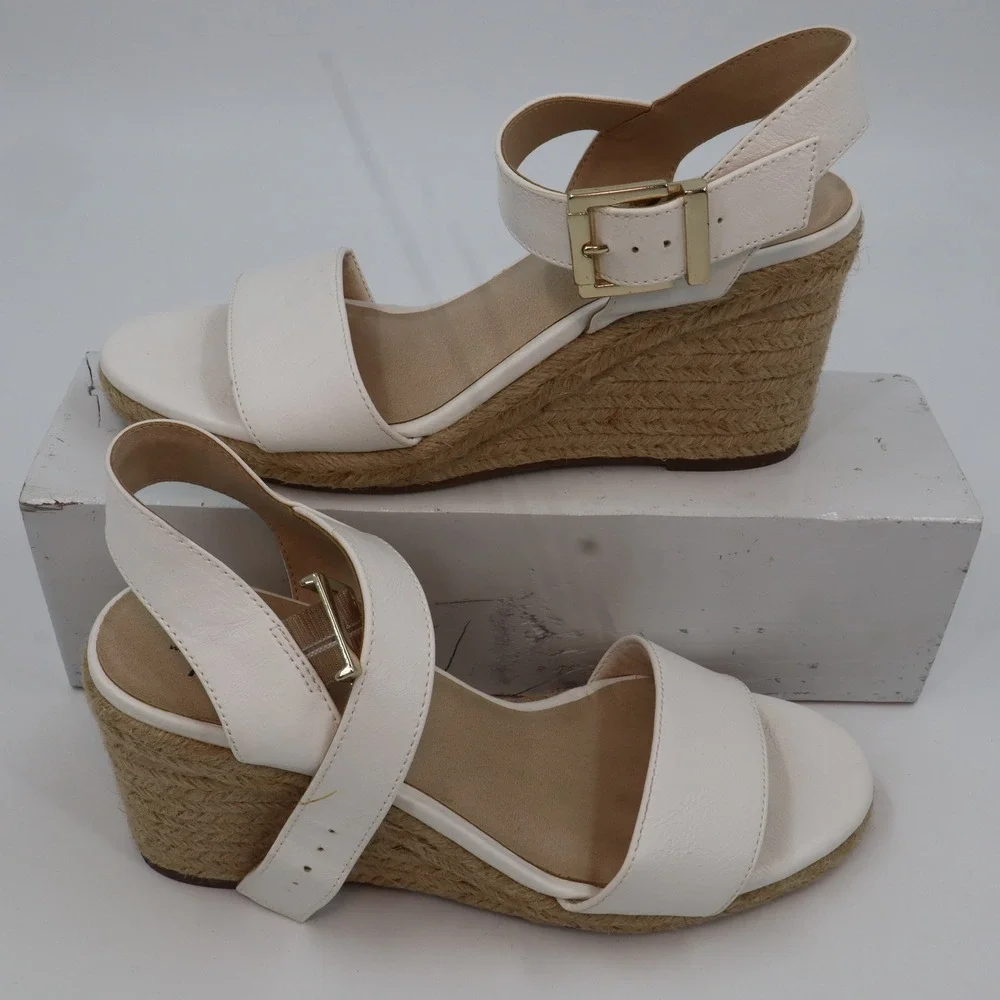 LifeStride Espadrille Wedge Sandals Womens 9.5 White Faux‎ Leather Ankle Strap
